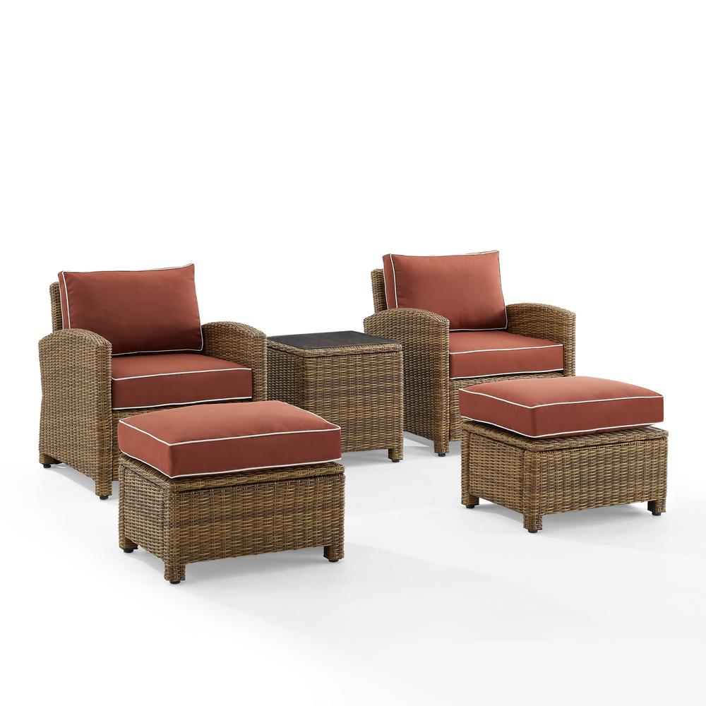 Bradenton 5Pc Outdoor Wicker Armchair Set Sangria/ Weathered Brown - Side Table, 2 Arm Chairs & 2 Ottomans