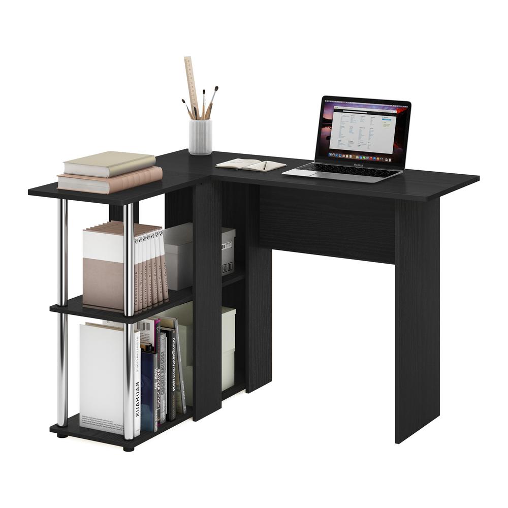 Furinno Abbott L-Shape Desk With Bookshelf, Americano, Stainless Steel Tubes