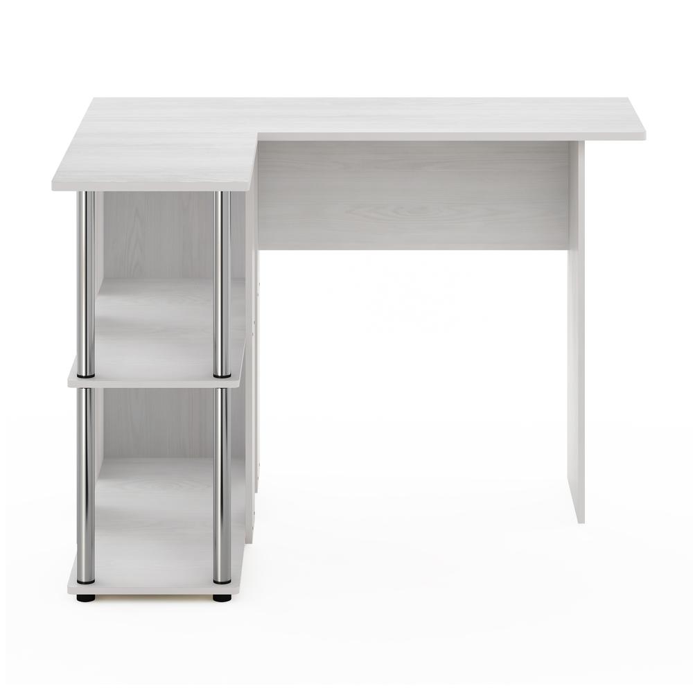 Furinno Abbott L-Shape Desk With Bookshelf, White Oak, Stainless Steel Tubes