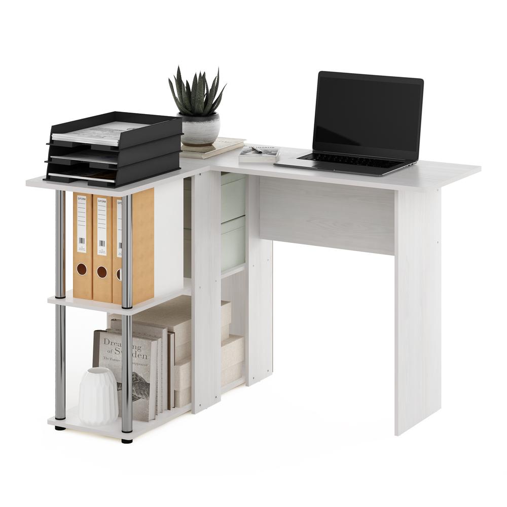 Furinno Abbott L-Shape Desk With Bookshelf, White Oak, Stainless Steel Tubes