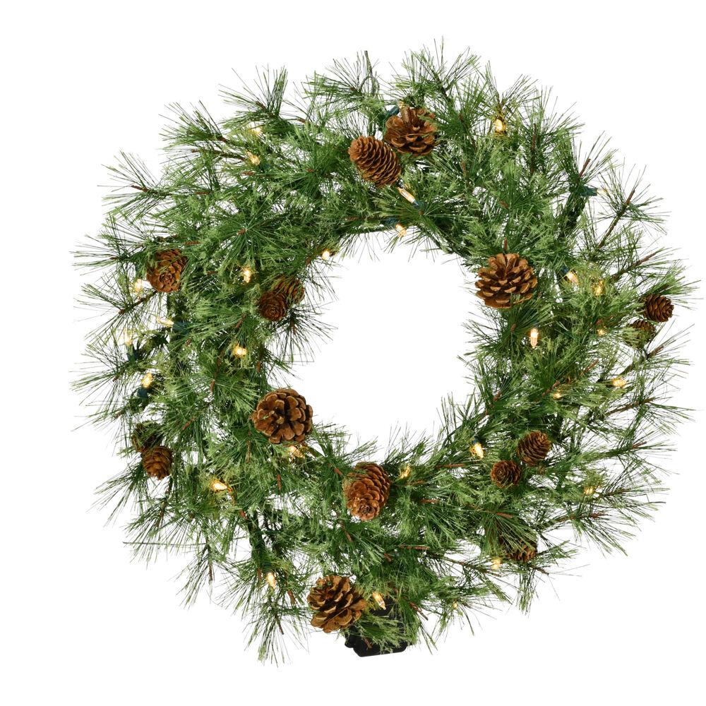 This is the image of FHF 24" Wreath with Pinecones and Battery-Operated Warm White LED Lights