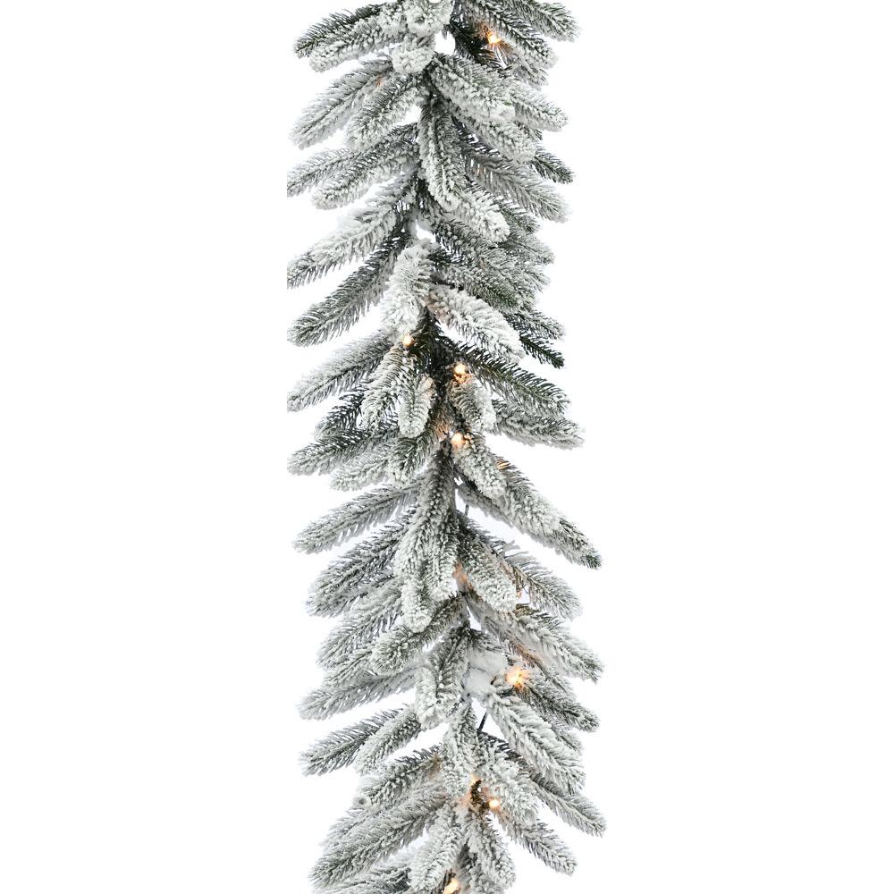 This is the image of FHF 9-Ft Icy Frost Snow Flocked Garland with Battery Operated Warm White LED Lights