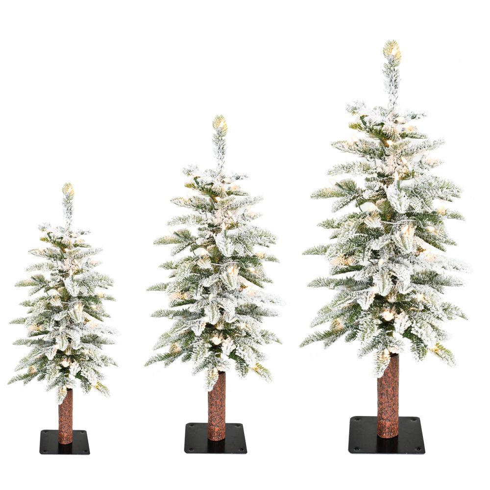 This is the image of FHF Set of 3 Snowy Downswept Trees with Clear Lights