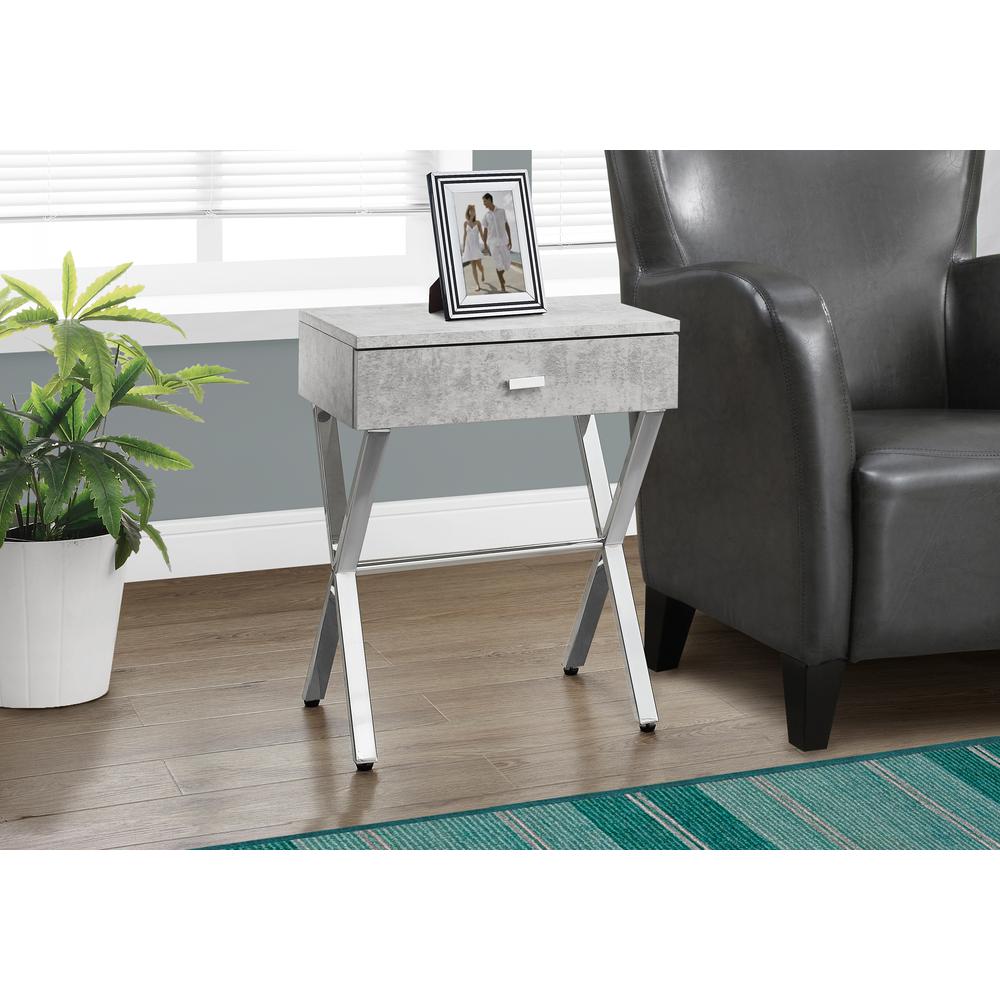 SIDE ACCENT TABLE - 24"H / GREY CEMENT / CHROME METAL WITH DRAWER