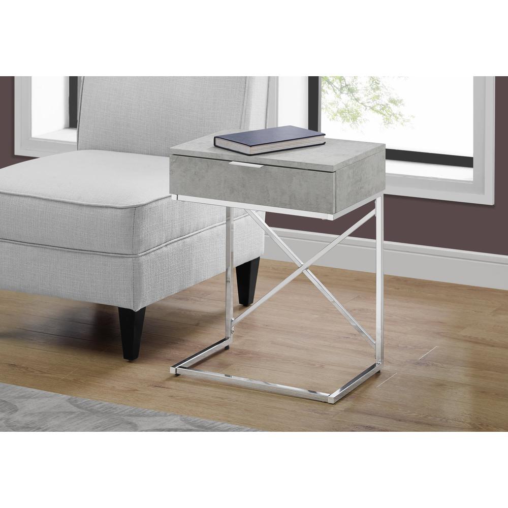 Accent End Table - 24"H / Grey Cement / Chrome Metal With Drawer