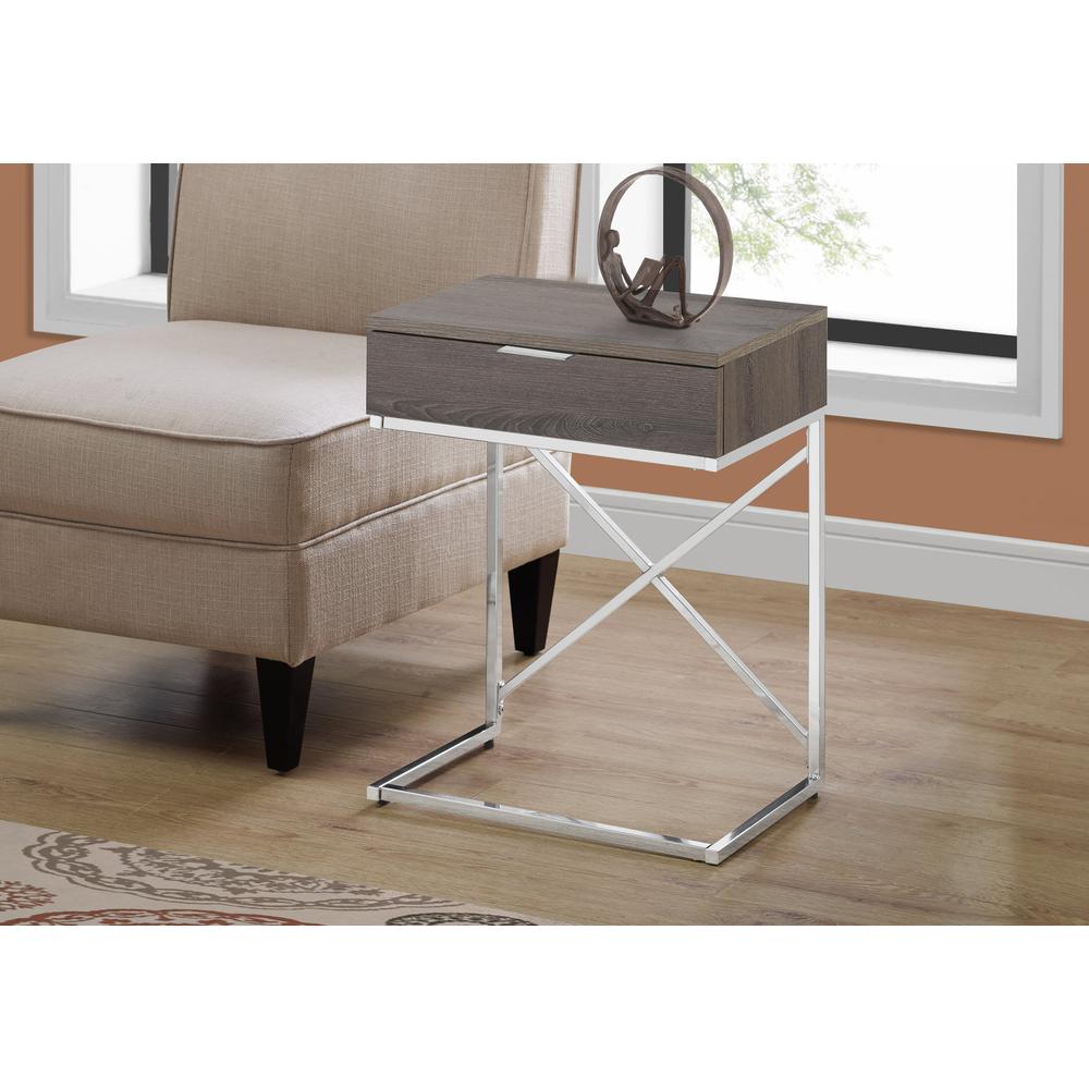 Accent End Table - 24"H / Dark Taupe / Chrome Metal With Drawer
