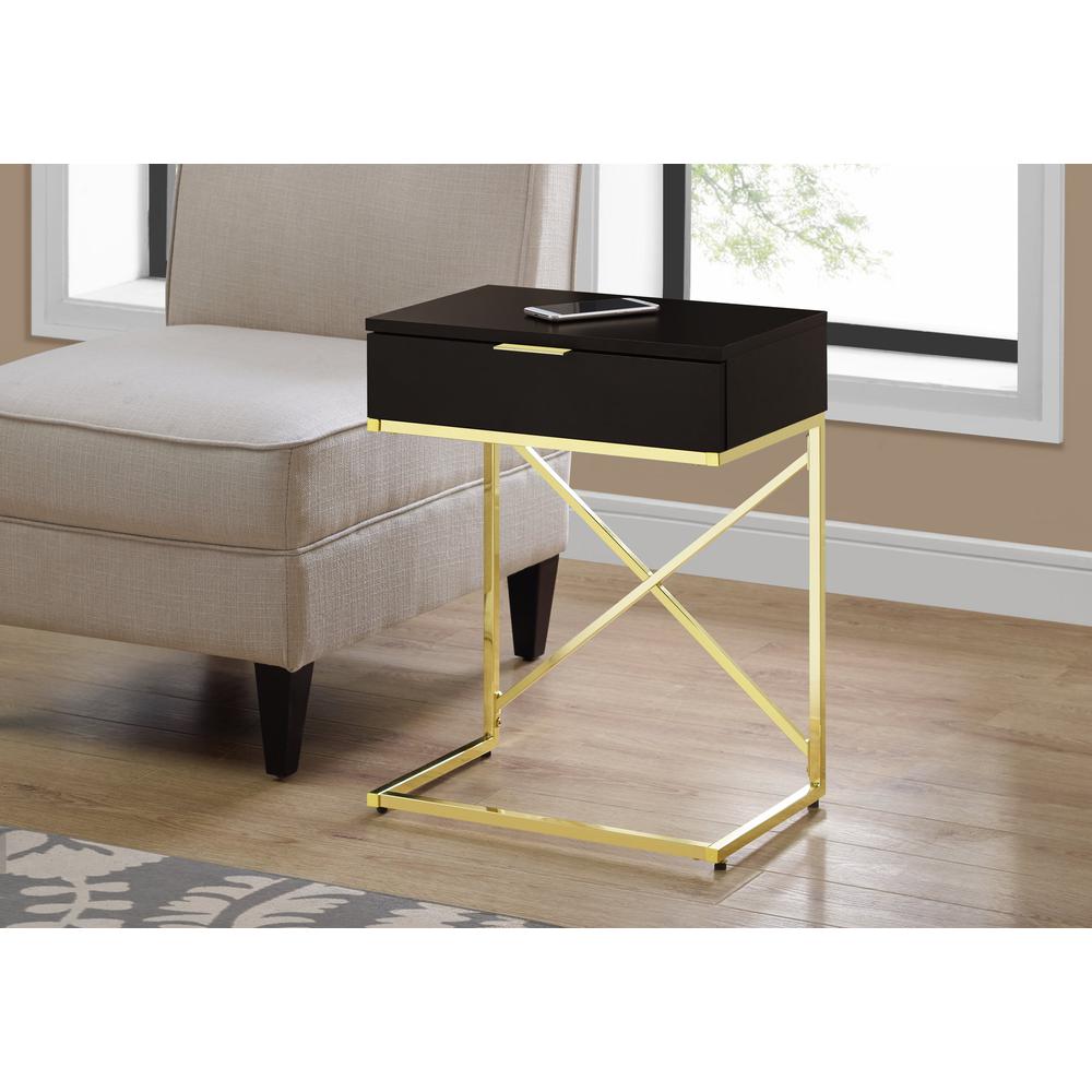 Accent End Table - 24"H / Cappuccino / Gold Metal With Drawer