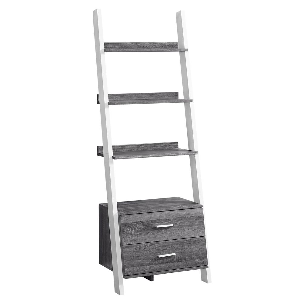 Image of Bookcase - 69"H / Grey-White Ladder With 2 Storage Drawer