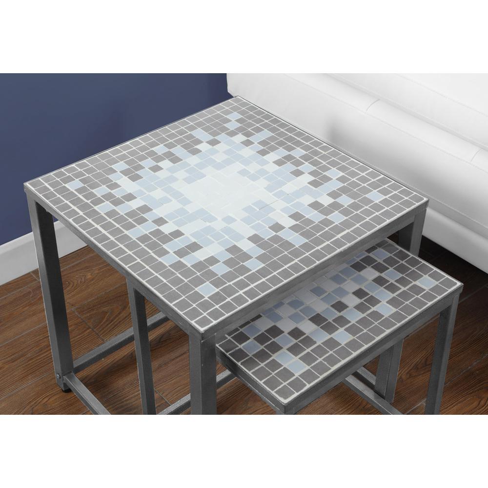 Nesting Table - 2Pcs Set / Grey / Blue Tile Top / Silver