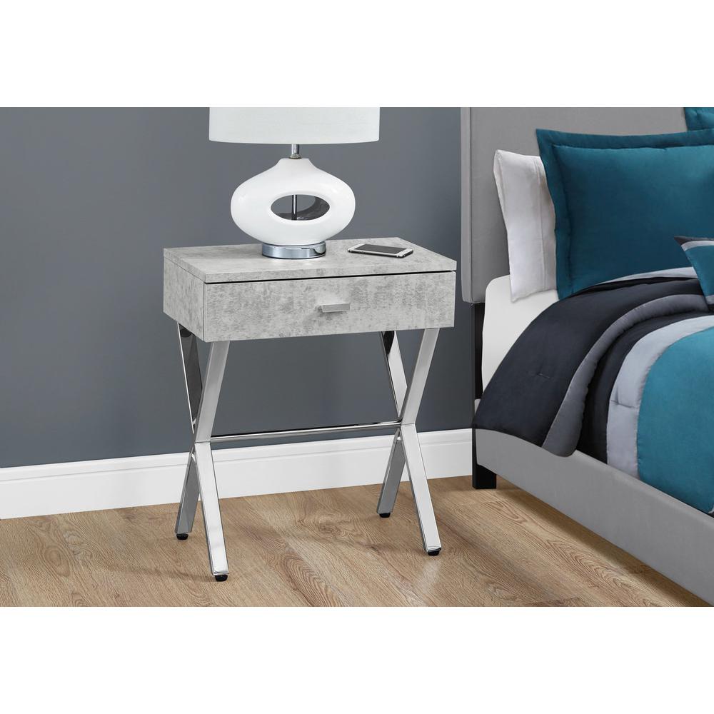 SIDE ACCENT TABLE - 24"H / GREY CEMENT / CHROME METAL WITH DRAWER