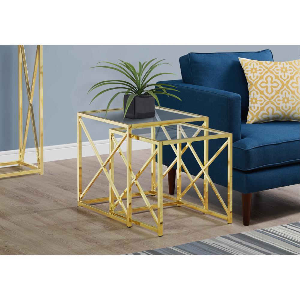 Nesting Table - 2Pcs Set / Gold Metal With Tempered Glass