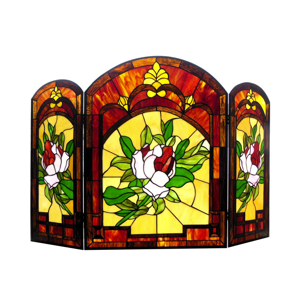 Image of Iggy Tiffany-Glass Floral Design 3Pcs Folding Fireplace Screen 42" Wide