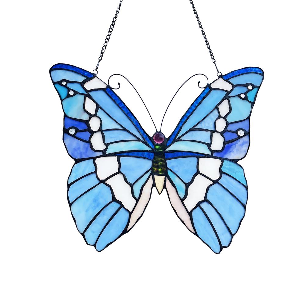 This is the image of Chloe Lighting Silver-Studded Butterfly-Style Stained Glass Window Panel - 14" Wide