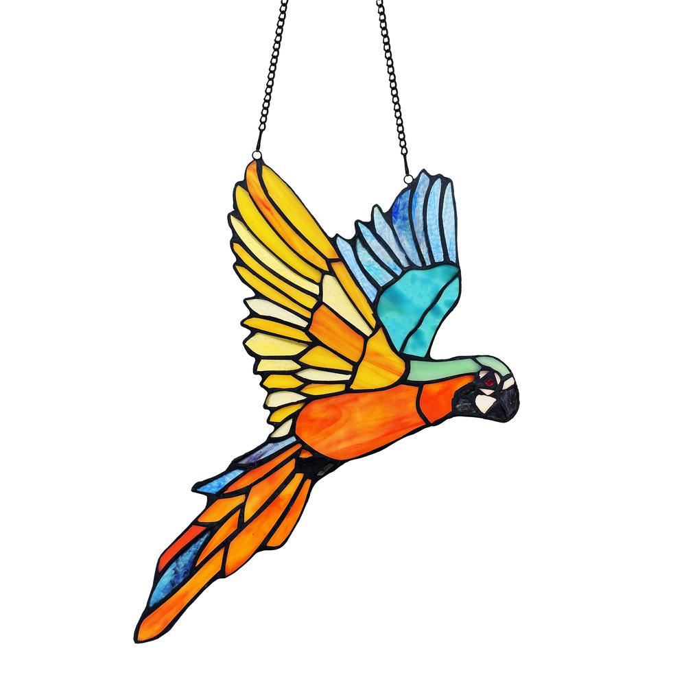 This is the image of Chloe Lighting Macaw Animal-Style Stained Glass Window Panel - 14" Wide