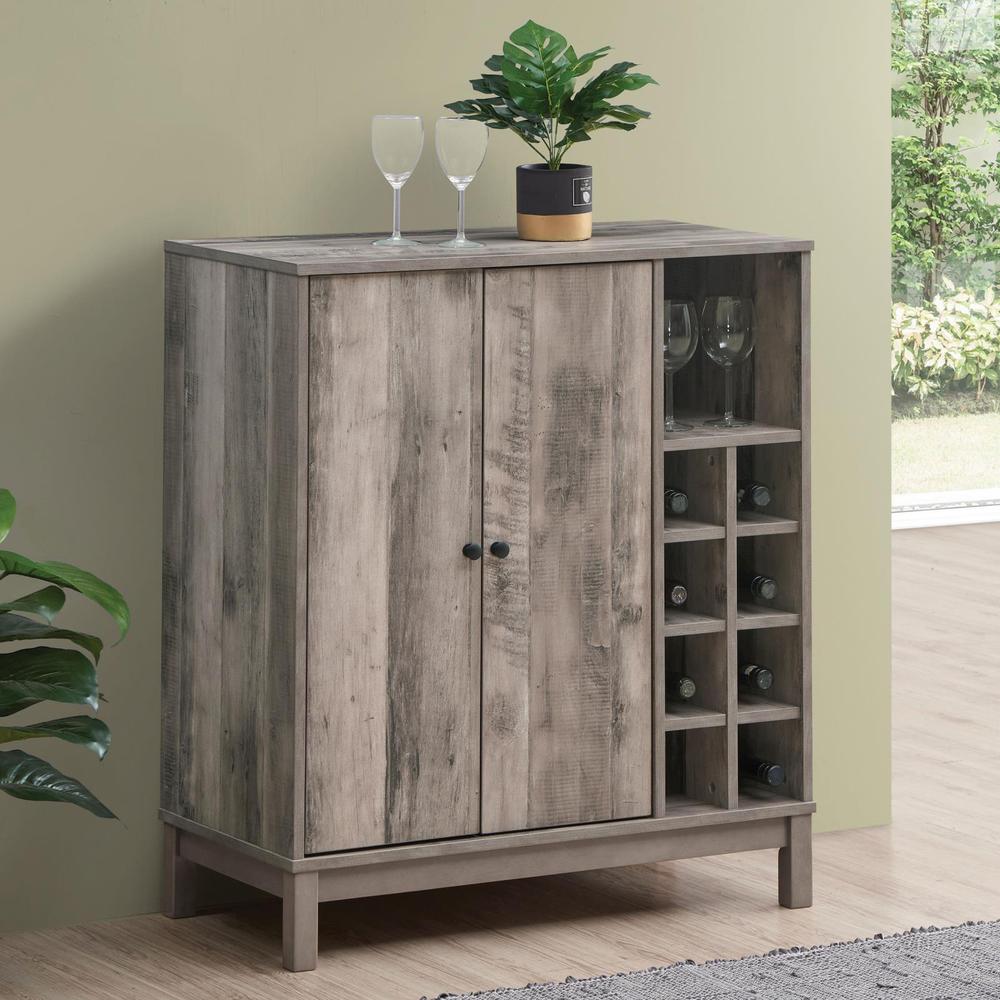 This is the image of Cheyenne Weathered Acacia 2-Door Wine Cabinet with Stemware Rack