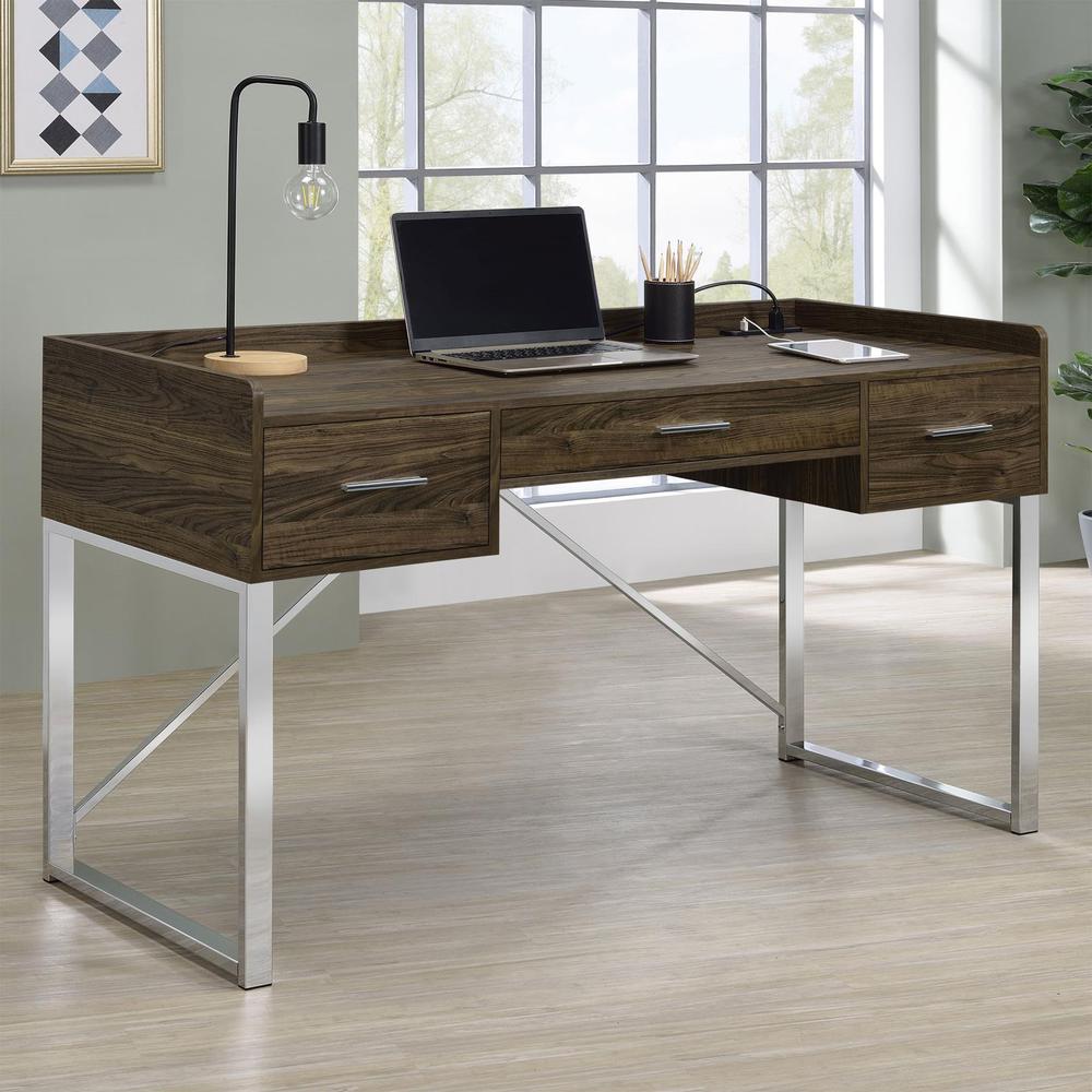 Image of Angelica 3-Drawer Writing Desk Walnut And Chrome