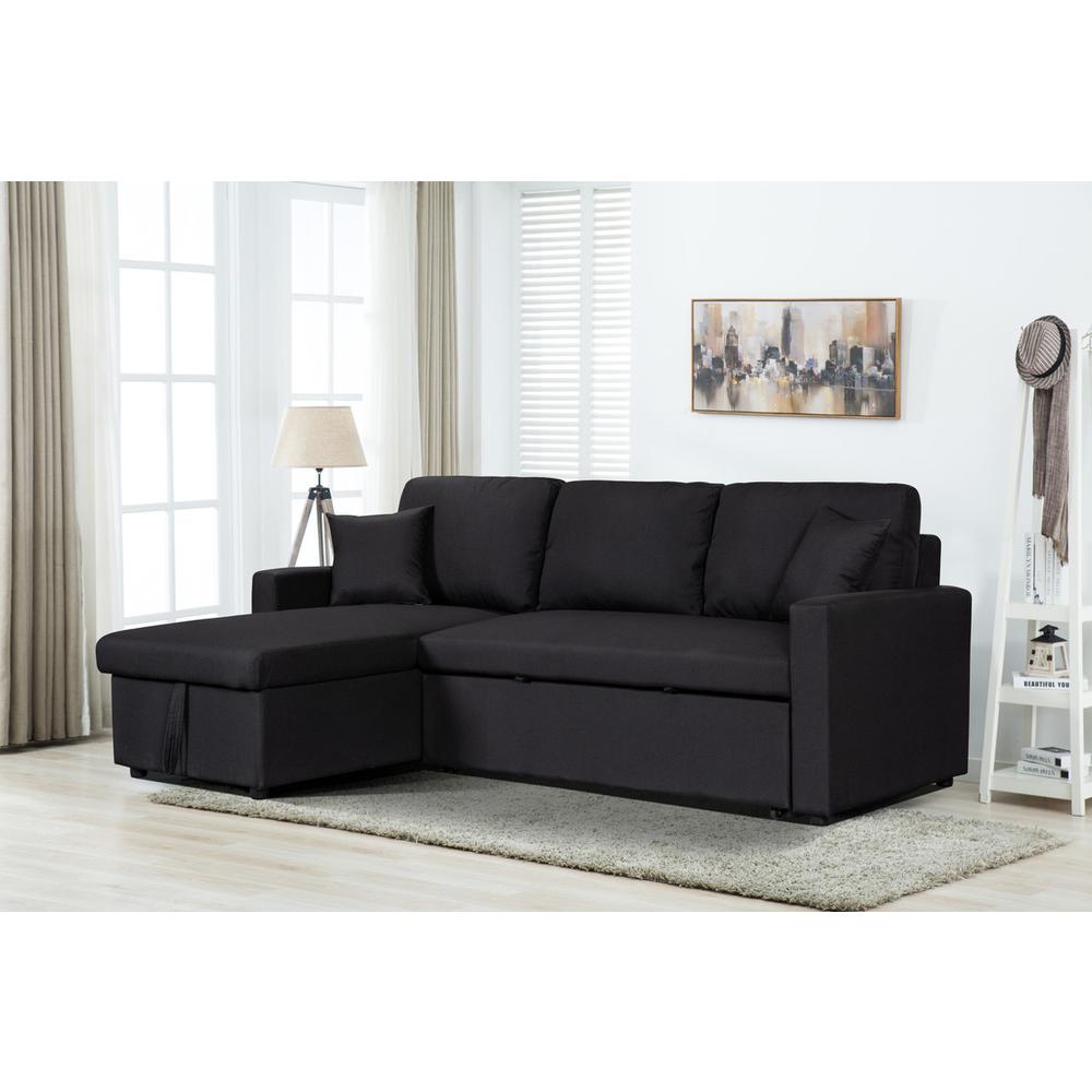 Image of Paisley Black Linen Fabric Reversible Sleeper Sectional Sofa With Storage Chaise