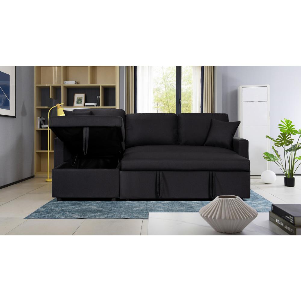 Paisley Black Linen Fabric Reversible Sleeper Sectional Sofa With Storage Chaise