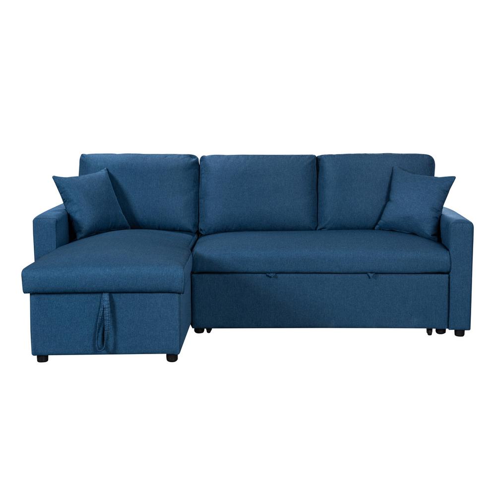 Paisley Blue Linen Fabric Reversible Sleeper Sectional Sofa With Storage Chaise