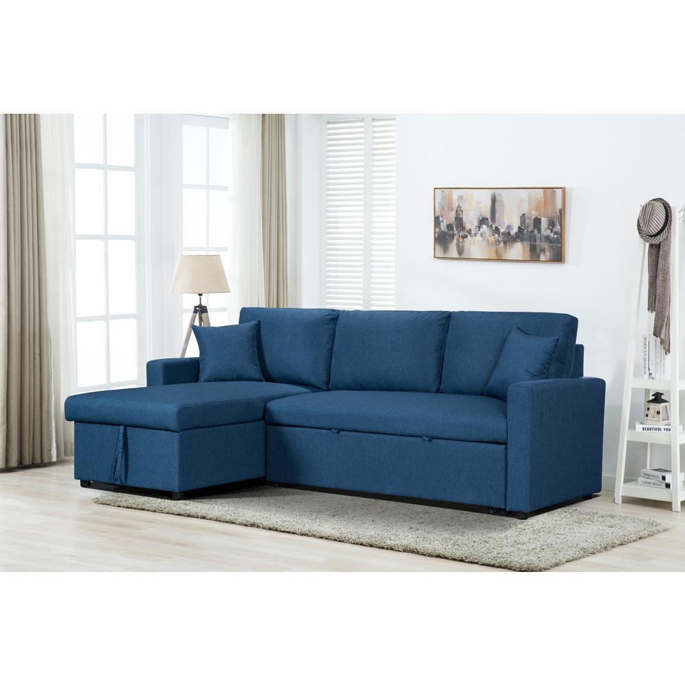 Image of Paisley Blue Linen Fabric Reversible Sleeper Sectional Sofa With Storage Chaise