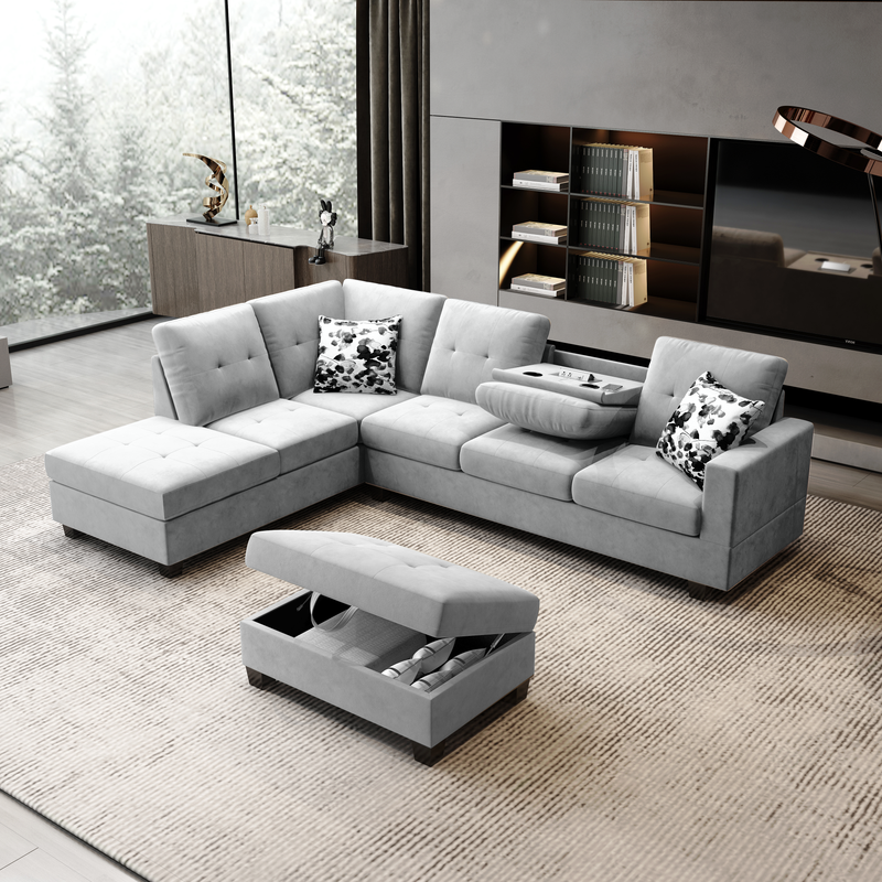 Image of Remi Light Gray Velvet Reversible Sectional Sofa W/ Dropdown Table, Charging Ports, Cupholders, Storage Ottoman & Pillows