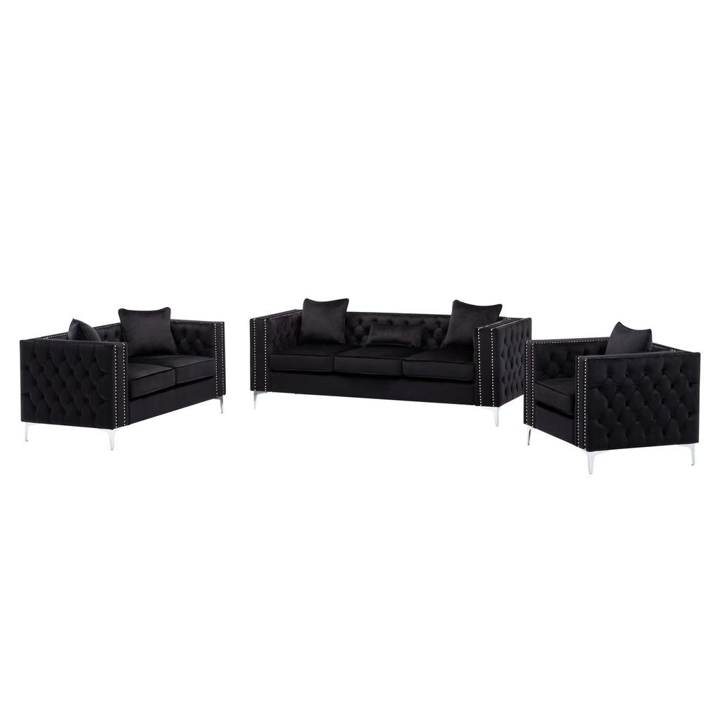 Image of Lorreto Black Velvet Fabric Sofa Loveseat Chair Living Room Set