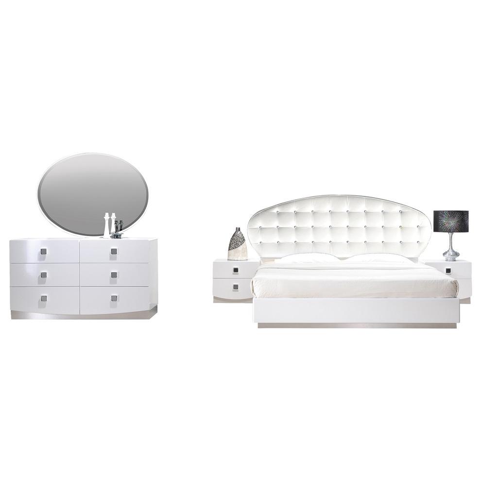 Image of Best Master France 5-Piece Faux Leather East King Bedroom Set In White Lacquer