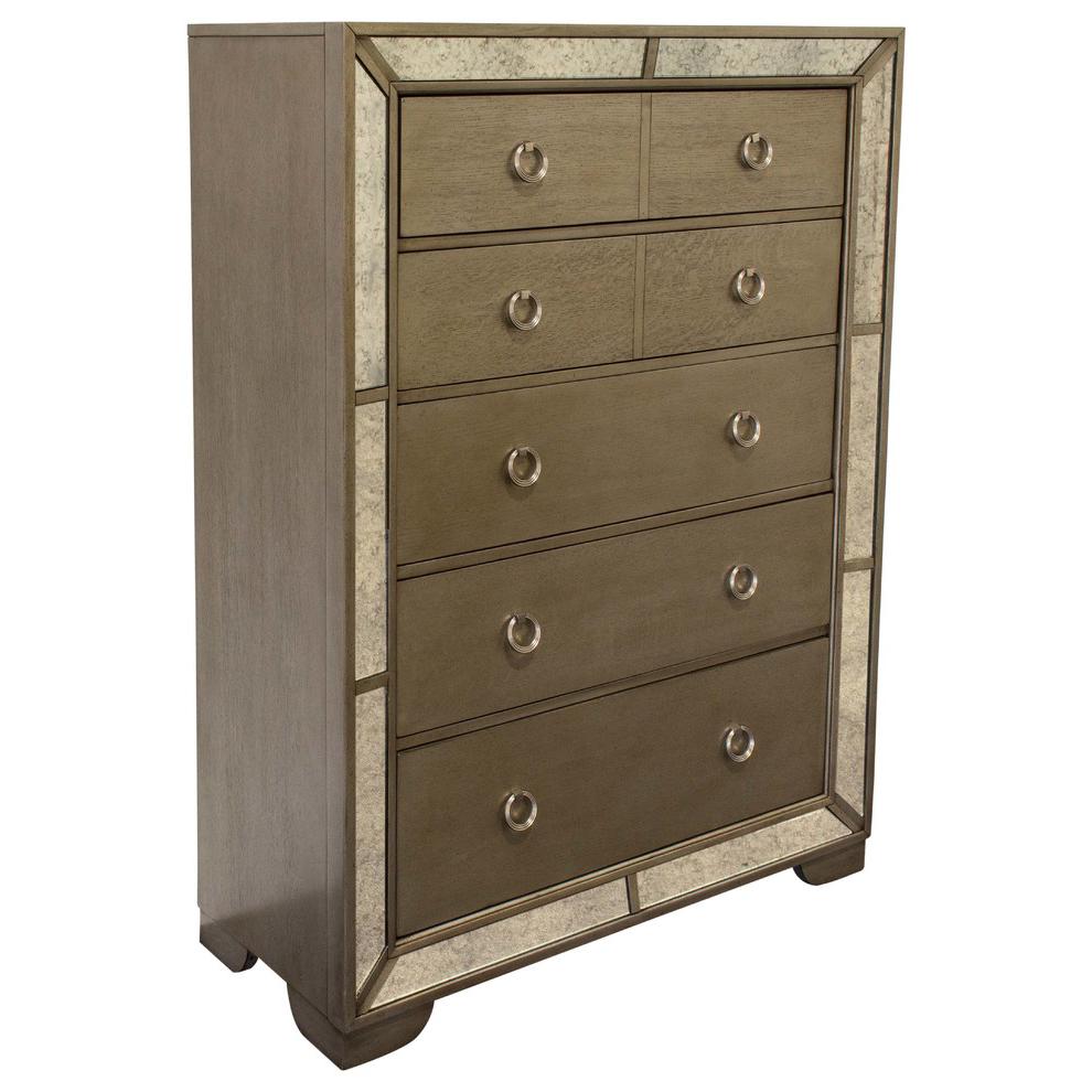 Image of Best Master Ava Solid Wood Mirrored 5-Drawer Chest In Silver Bronze