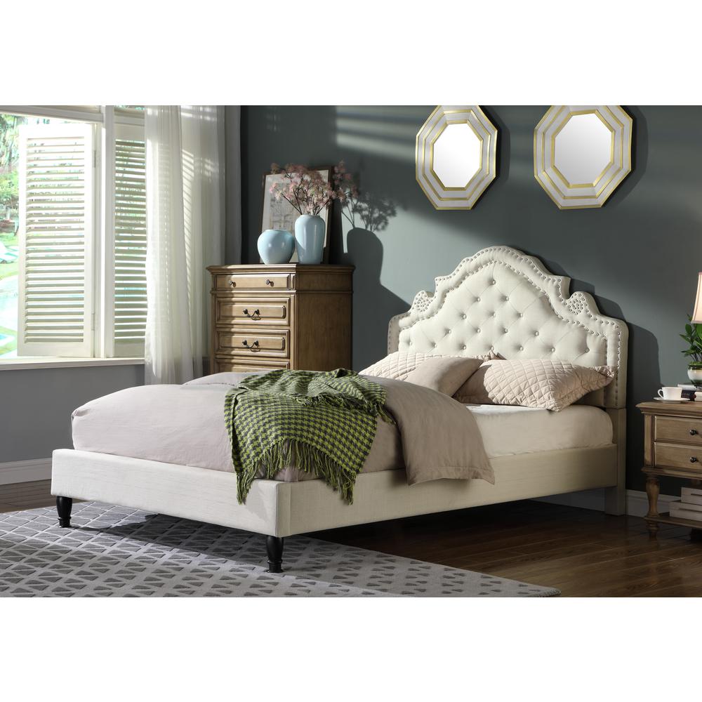 Image of Best Master Furniture Theresa Linen Fabric Queen Bed With Nailhead Trim In Beige