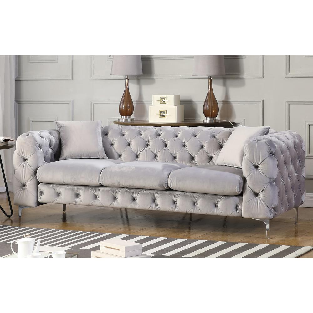 Image of Best Master Furniture Nigel 84" Transitional Velvet Fabric Sofa In Gray