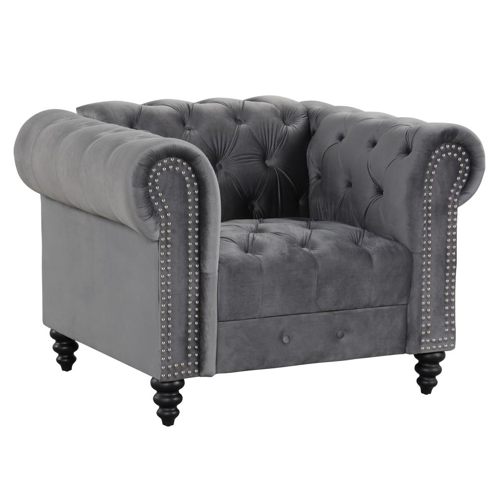 Image of Flotilla Round Arm Velvet Chesterfield Arm Chair In Gray