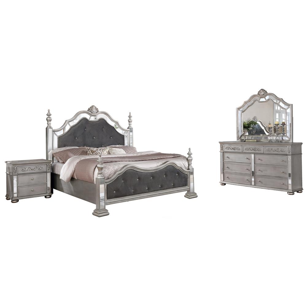 Image of Gray Velvet 4 Piece Bedroom Set With Bed Posts & Reflective Panels - California King
