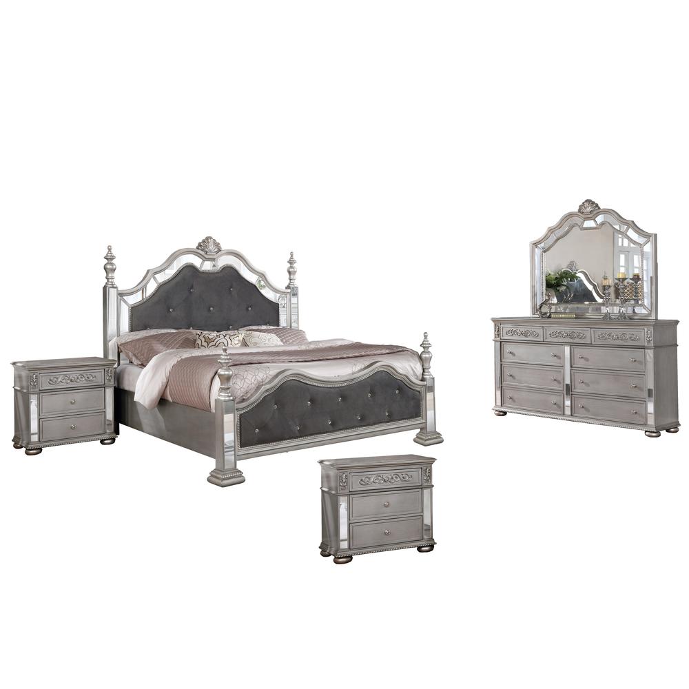 Image of Gray Velvet 5 Piece Bedroom Set With Bed Posts & Reflective Panels, 2 Nightstands - Queen
