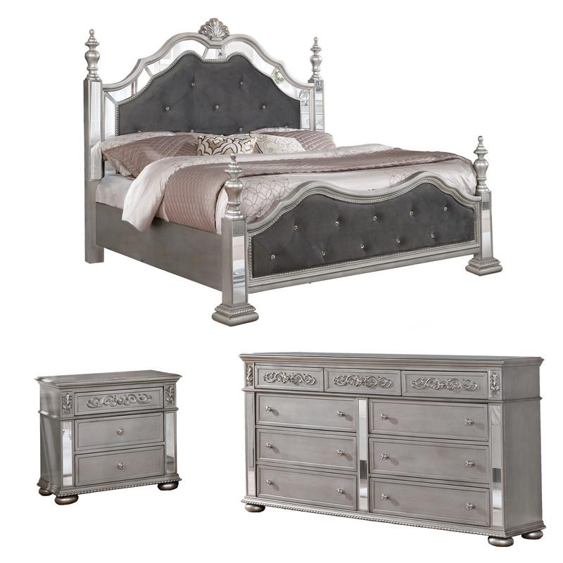 Image of Gray Velvet 3 Piece Bedroom Set With Bed Posts & Reflective Panels - California King