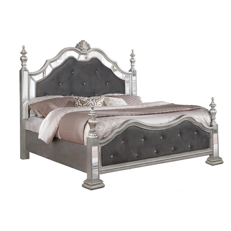 Gray Velvet 3 Piece Bedroom Set With Bed Posts & Reflective Panels - California King