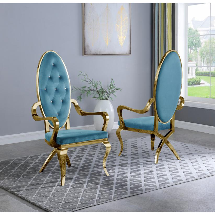 Velvet Arm Chair Set Of 2, Stainless Steel Gold Legs, Teal