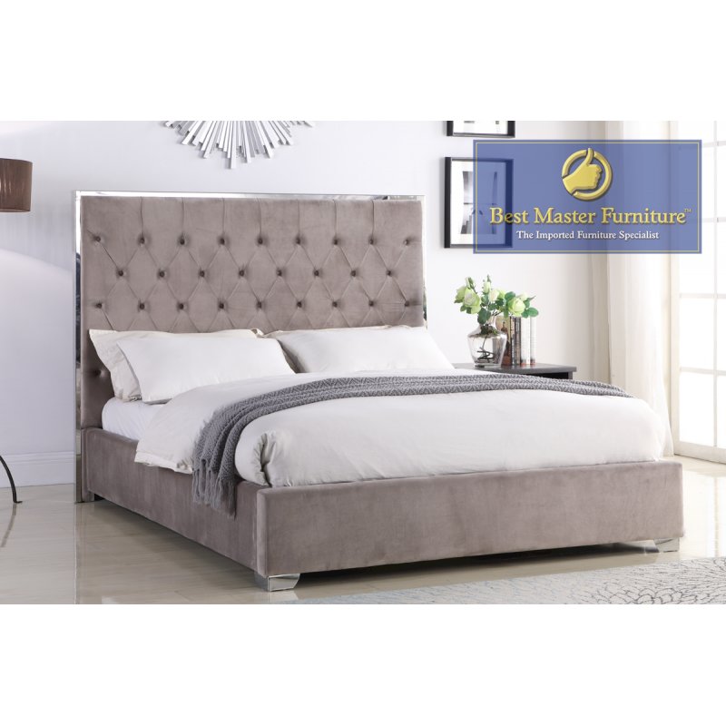 Image of Best Master Kressa Velour Fabric Tufted Queen Platform Bed In Light Gray