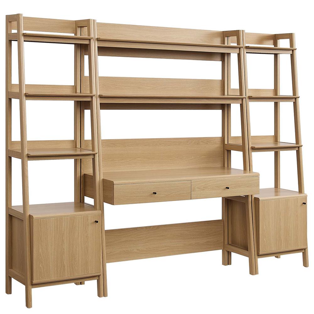 This is the image of Bixby Oak Wood Office Desk and Bookshelf Set - 3-Piece