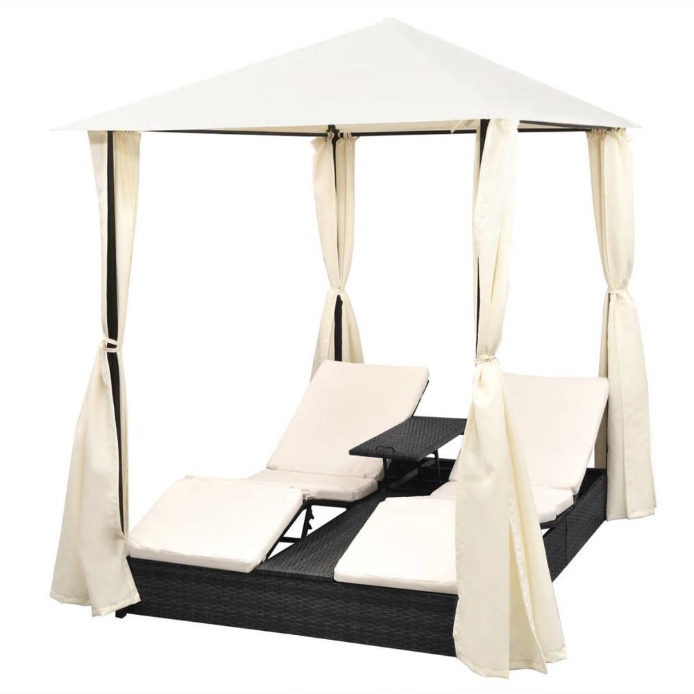 Image of Vidaxl Double Sun Lounger With Curtains Poly Rattan Black, 42891