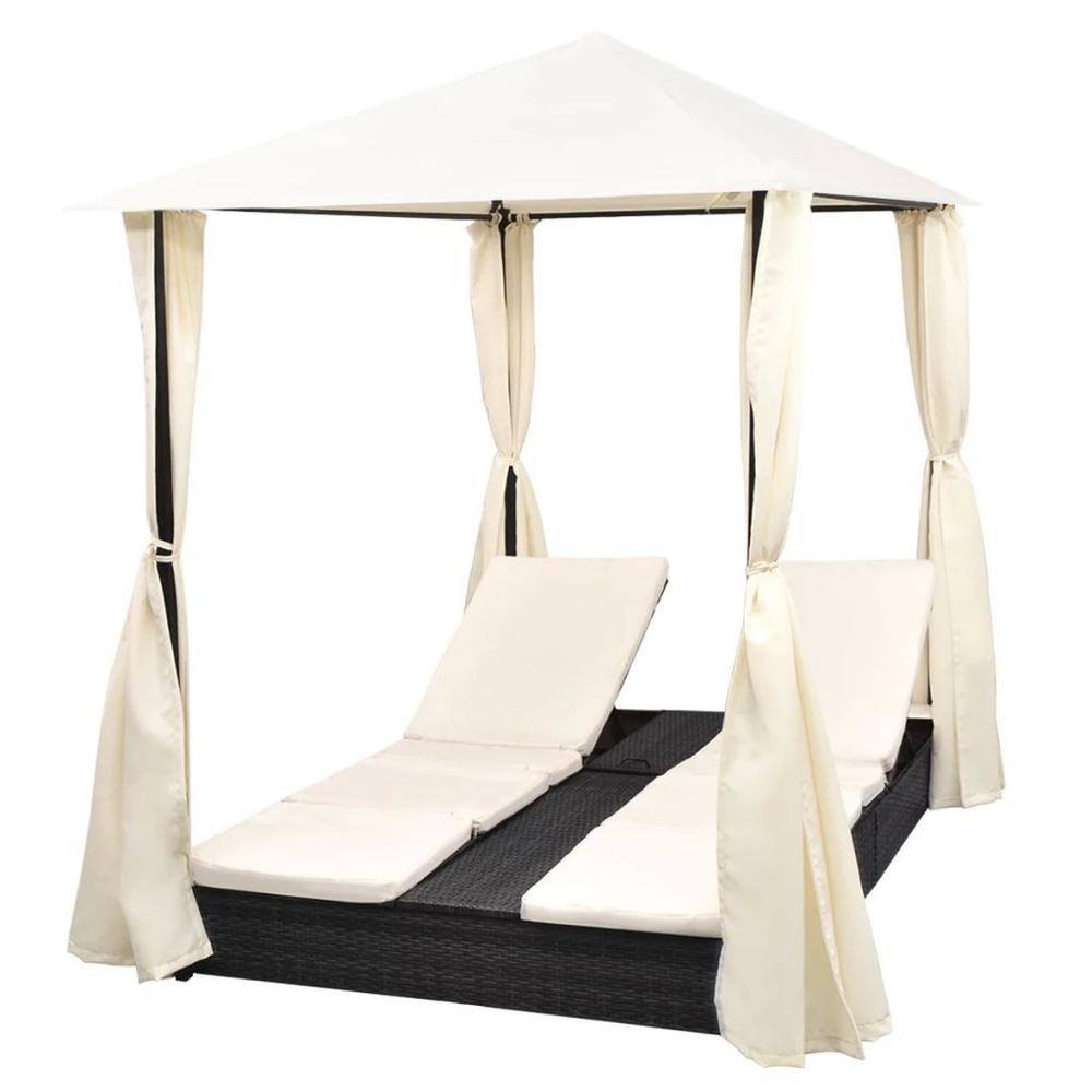 Vidaxl Double Sun Lounger With Curtains Poly Rattan Black, 42891