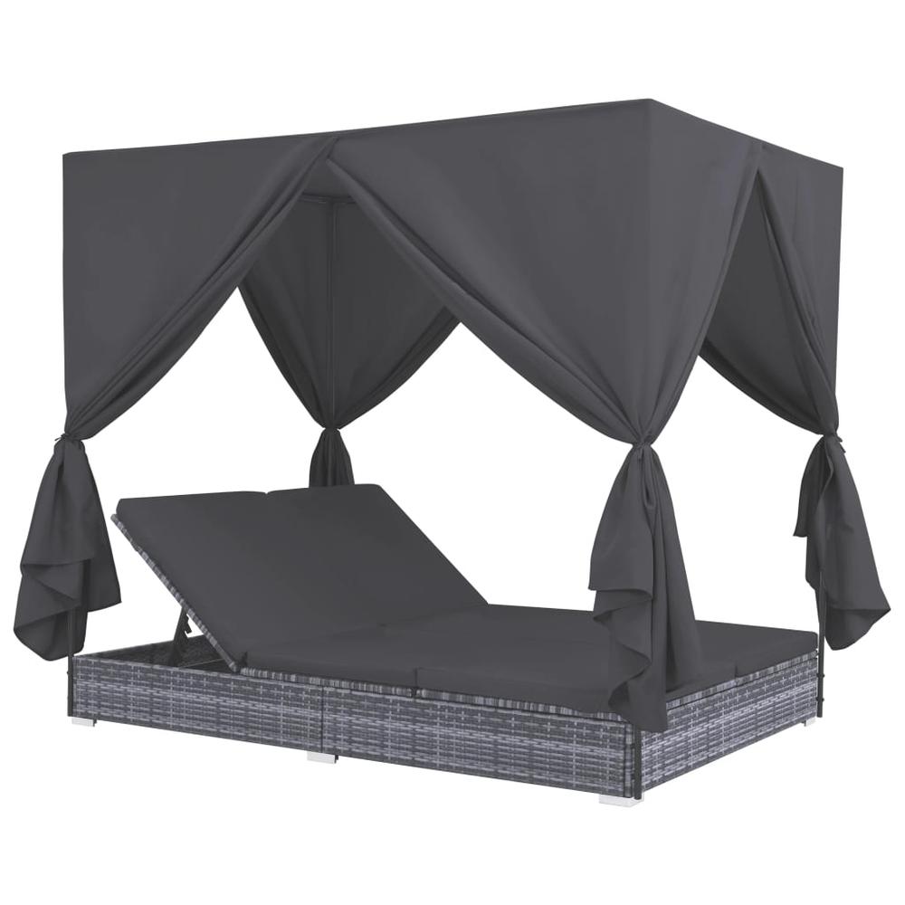 Image of Vidaxl Outdoor Lounge Bed With Curtains Poly Rattan Gray, 45647