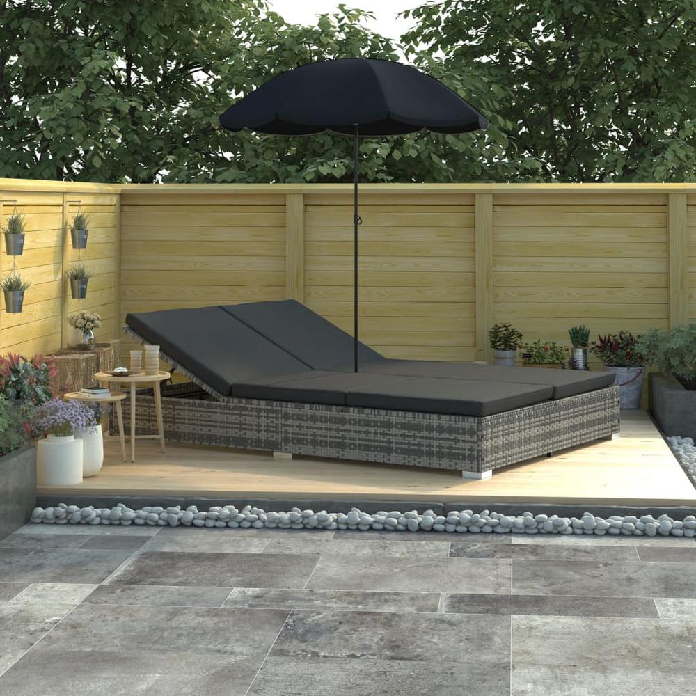 Image of Vidaxl Outdoor Lounge Bed With Umbrella Poly Rattan Gray, 48125