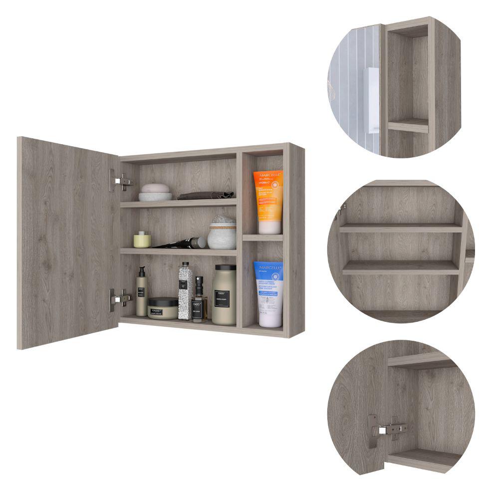 Depot E-Shop Kazan Medicine Cabinet, Mirror, One-Door Cabinet, Two External Shelves, Three Internal Shelves-Light Grey, For Living Room