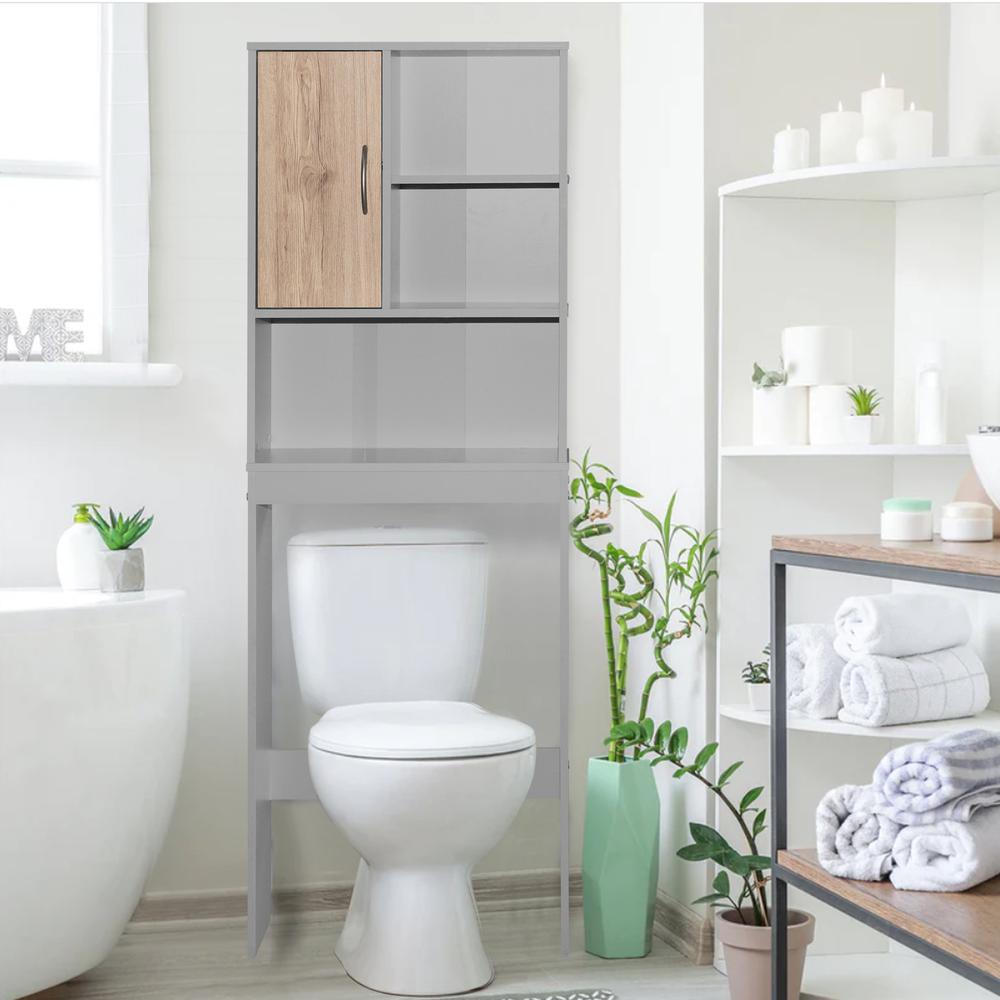 Better Home Products Ace Over-The-Toilet Storage Organizer In Light Gray & Natural Oak