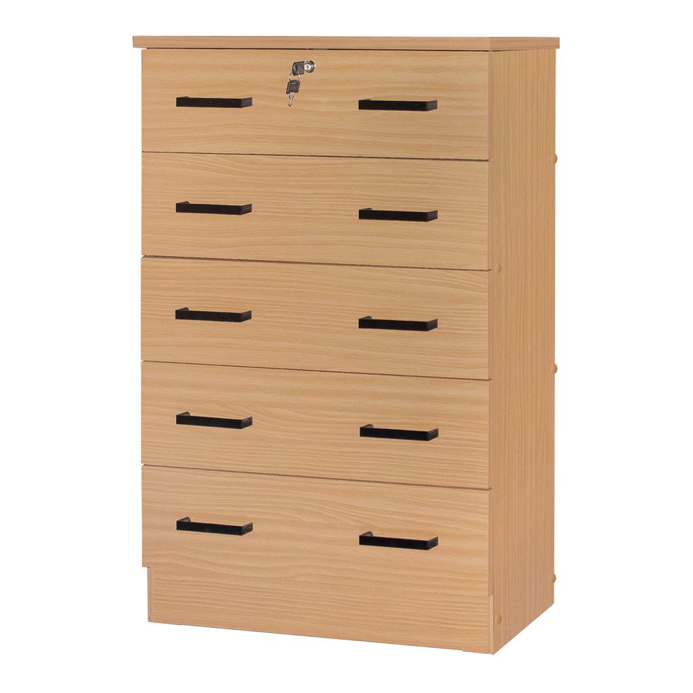 Better Home Products Cindy 5 Drawer Chest Wooden Dresser With Lock Beech (Maple)
