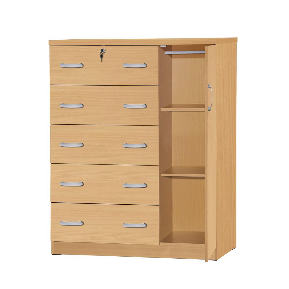 Better Home Products Jcf Sofie 5 Drawer Wooden Tall Chest Wardrobe In Beech