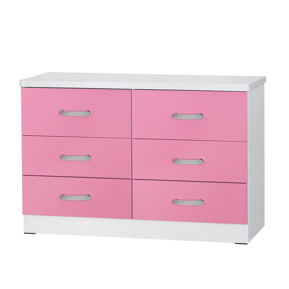 Better Home Products Dd & Pam 6 Drawer Engineered Wood Dresser In White And Pink