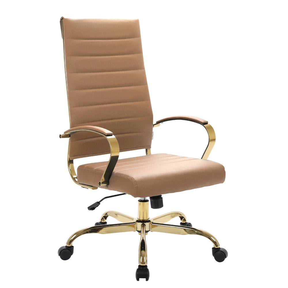 Image of Leisuremod Benmar High-Back Leather Office Chair With Gold Frame, Light Brown