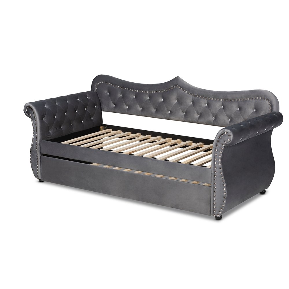 Baxton Studio Abbie Traditional And Transitional Grey Velvet Fabric Upholstered And Crystal Tufted Twin Size Daybed With Trundle
