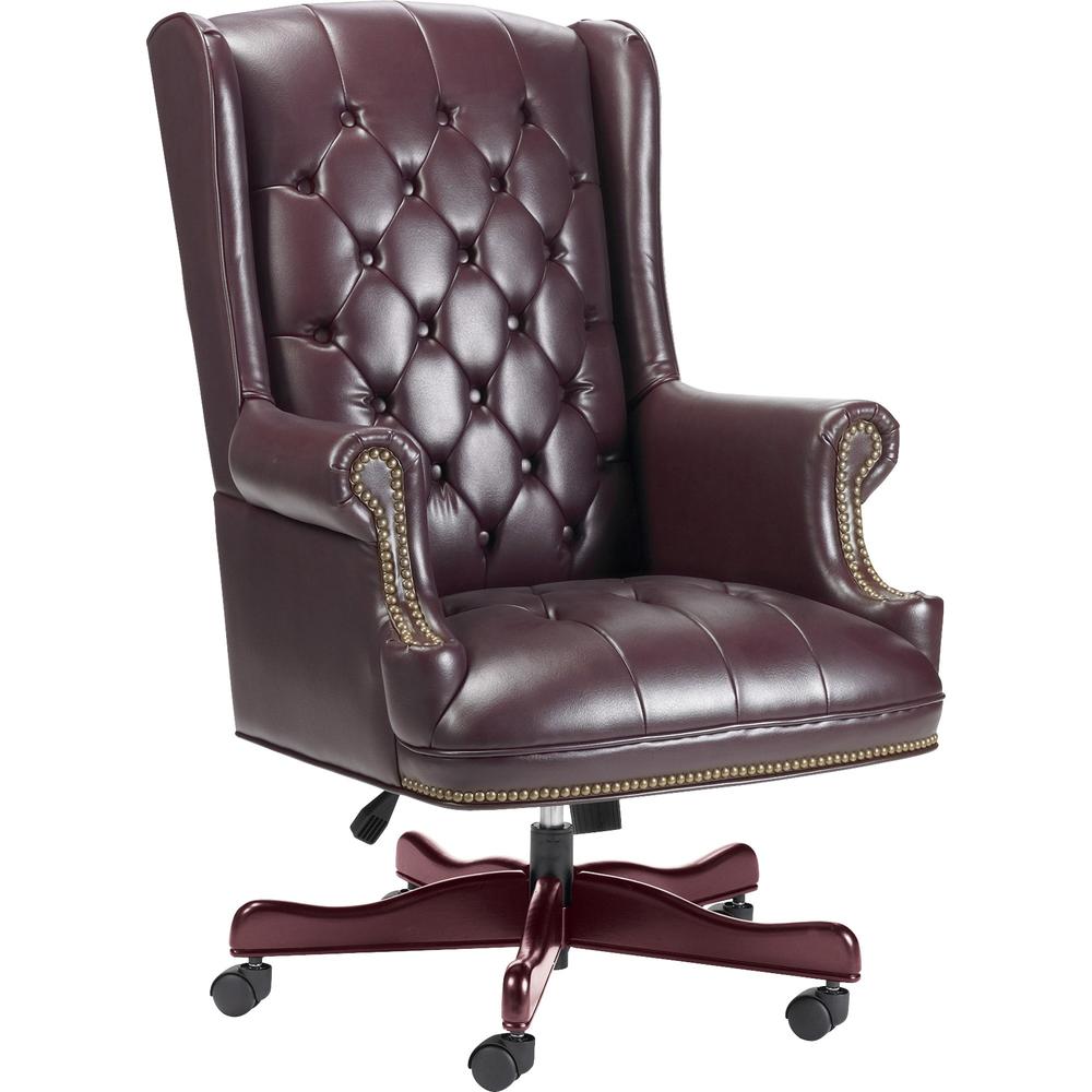 Image of Lorell Traditional Executive Swivel Chair - Oxblood Vinyl Seat - Mahogany Hardwood Frame - 5-Star Base - Oxblood - Wood - 1 Each